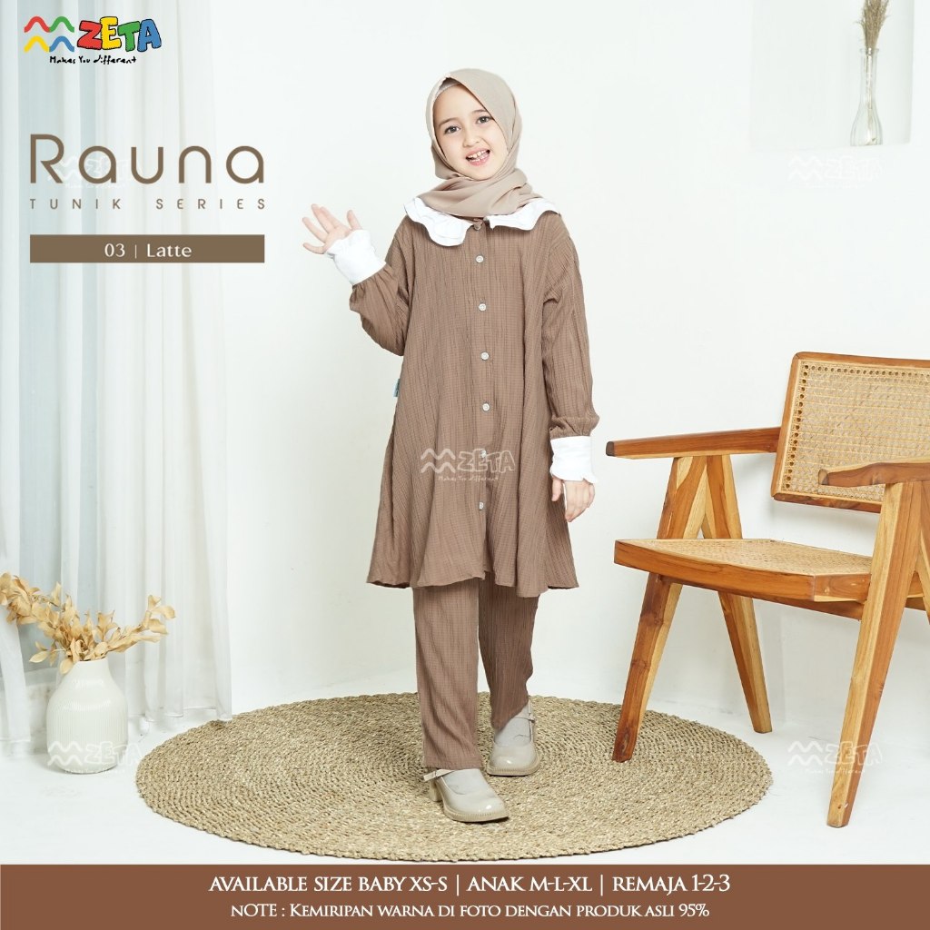 SALE ONE SET TUNIK KERUDUNG RAUNA BAHAN LADY CRUSH BY ZETA OUTFIT |BAJU LEBARAN ANAK TRENDY