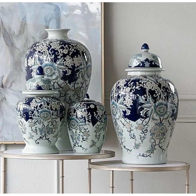 Pajangan  vas tochin set 4 pc/hiasan guci tutup set 4 motif sama sesuai gambar. harus tambah packing