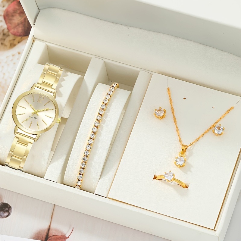 5PCS Jam Tangan Wanita Kuarsa Gaya Minimalis Gelang Stainless Steel Dial Kecil Jam Tangan Wanita