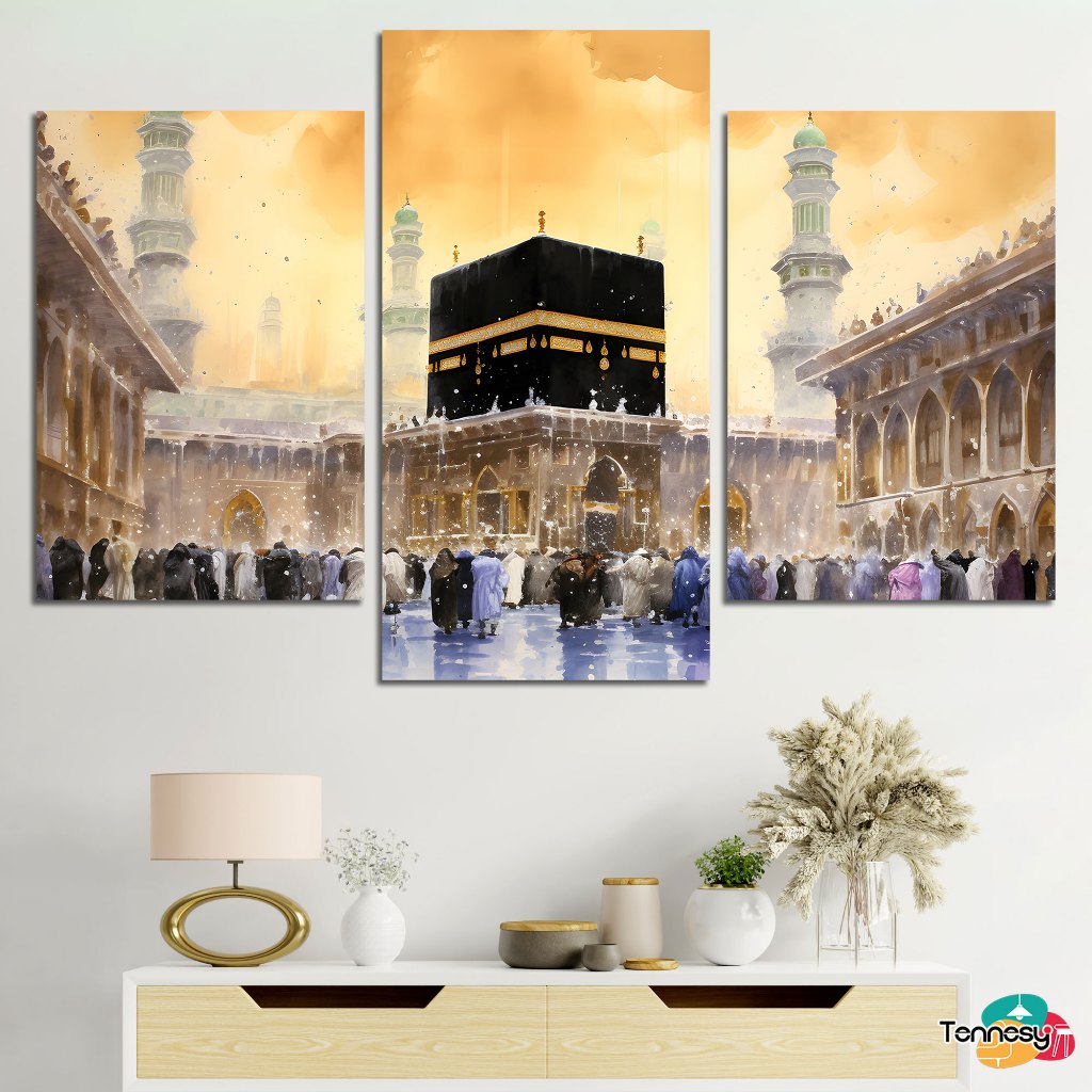 TENNESY Hiasan Dinding Set painting ka'bah islami 3 Panel Besar Dekorasi Dinding Kamar Pajangan Kayu