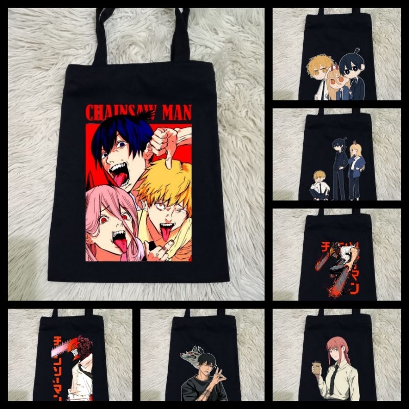 Totebag Hitam Karakter Anime Chainsaw Man Tebal 100% Kanvas Premium / Tas Jinjing Hitam Anime Chains
