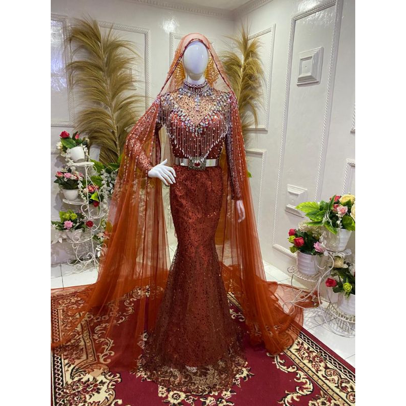 PREMIUM GAUN PENGANTIN SLIM DUYUNG MEWAH, FULL PAYET SQUEEN, TERAKOTA, FROZEN,WARDAH