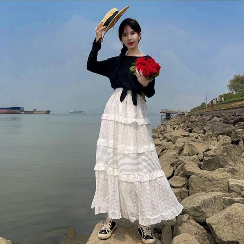 VD FASHION WANITA - 4498 ROK MAXI PREMIUM / Tiered Skirt Robeza / Rok wanita putih / Rok Maxi panjan