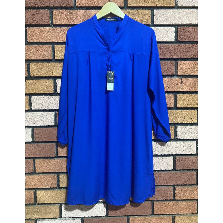 MODEL HEM857 Long Tunik Atasan Rayon Polos Birel Biru Elektrik Dark Blue Pakaian Wanita Kekinian Baj