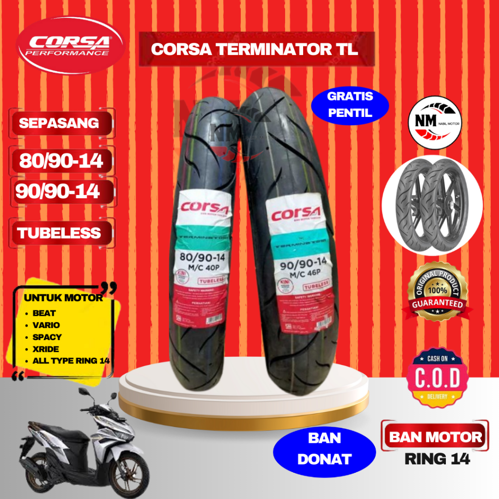 Paket Ban Corsa Ring 14 Matic Corsa Terminator Ban Donat Tubeless Free Pentil