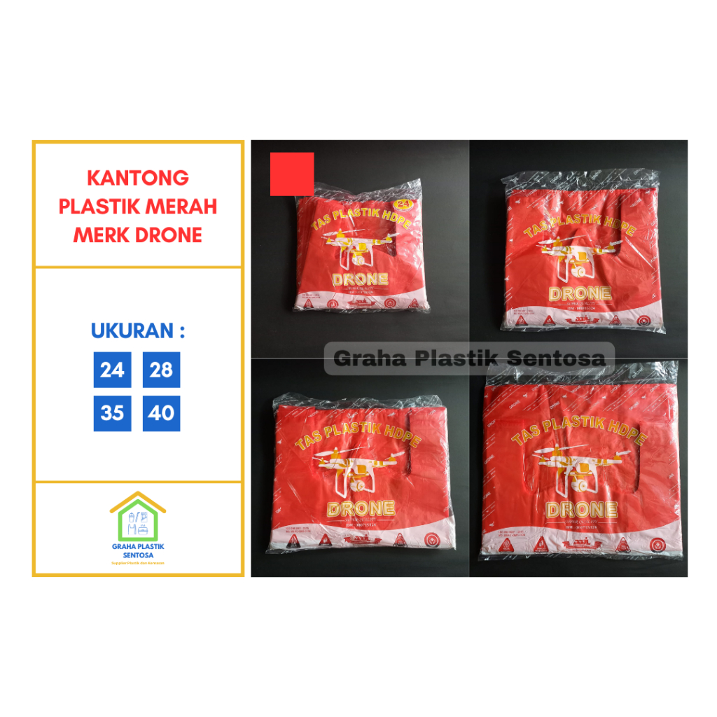 Kantong Plastik Kresek Merah Merk Drone Ukuran 24, 28, 35, 40cm