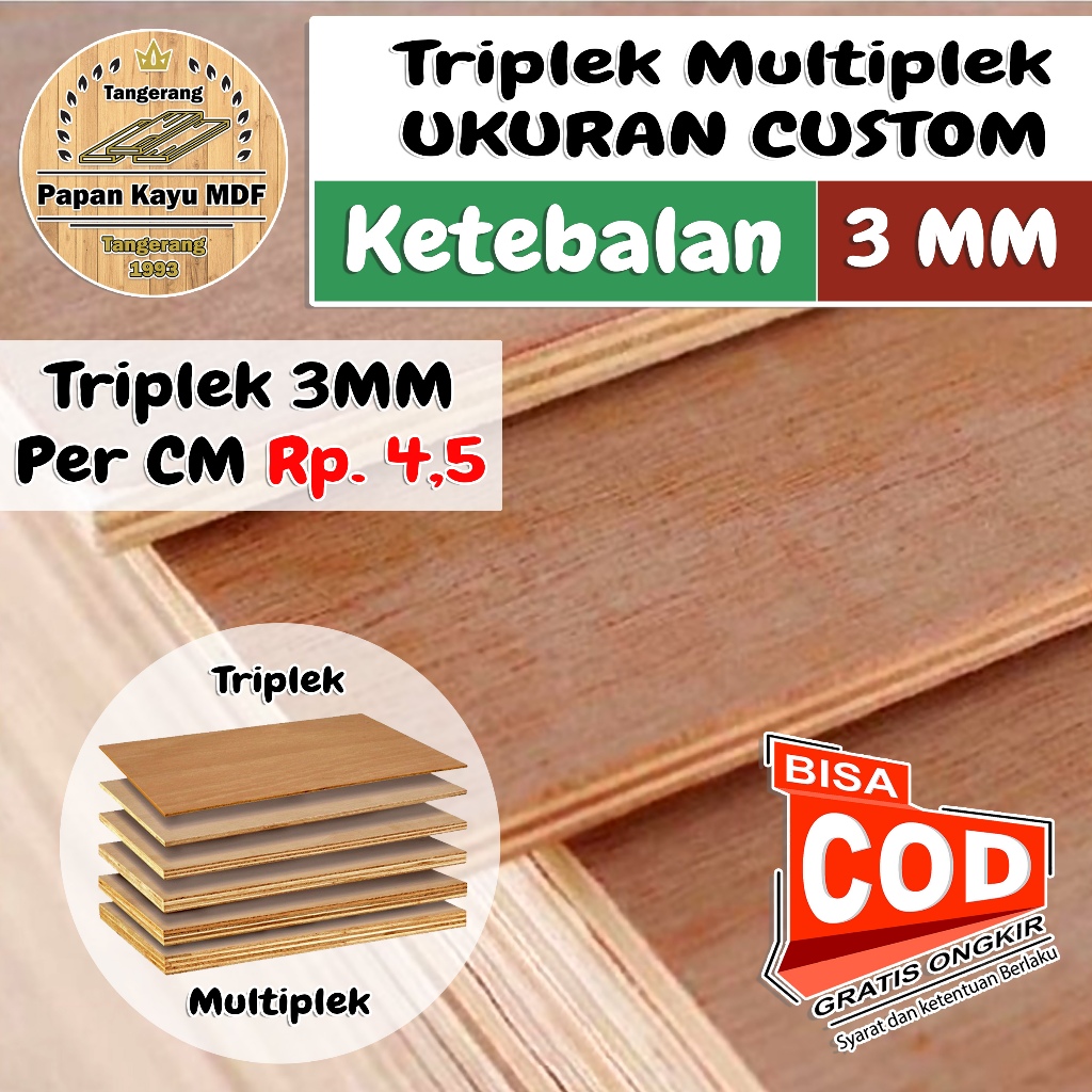 Custom Triplek Multiplek 3MM Ukuran Custom Harga Per Cm Multiplek / Triplek Plywood