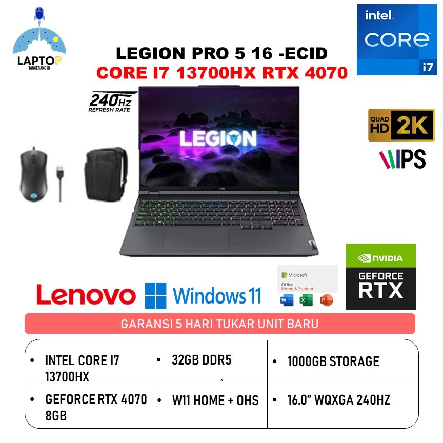 Laptop Lenovo Legion Pro 5 16 I7 13700HX RTX 4070 8gb Ram 32gb 1tb W11+OHS 16.0" WQXGA 240Hz -ECID