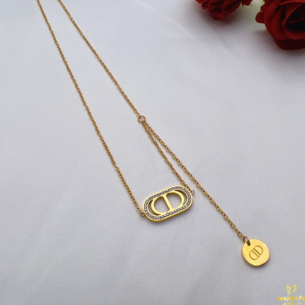 K183 Kalung Titanium Premium Wanita DD Menjuntai Eropa Style Unik Lapis Emas 18K