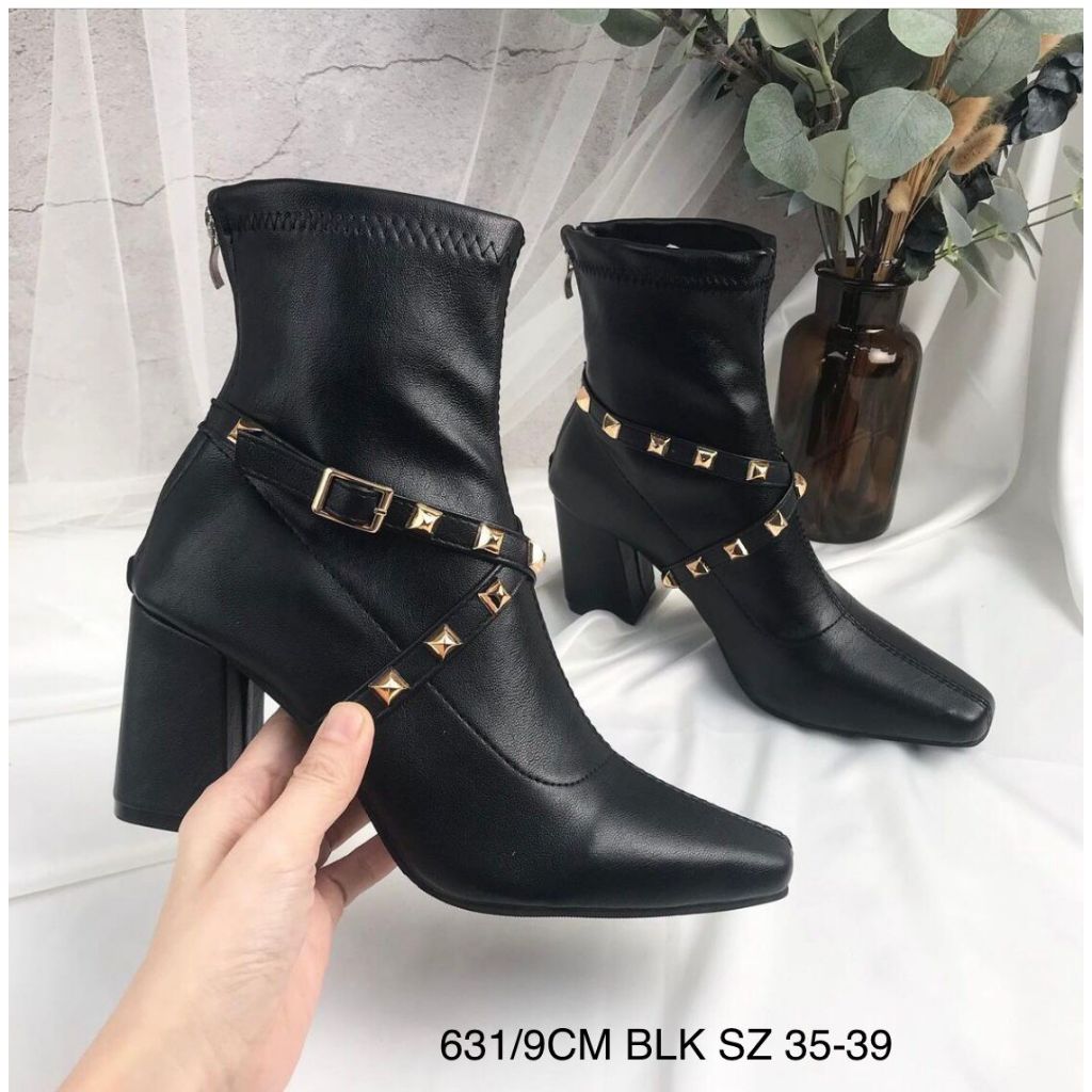SEPATU BOOTS WANITA STUDED CHUNKY HEELS 9 CM 631
