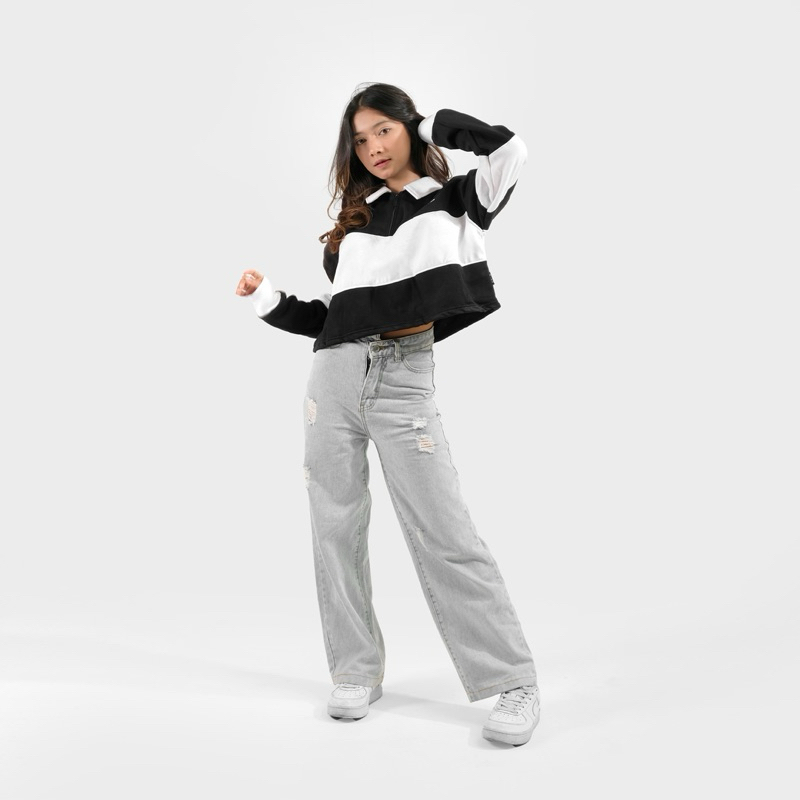 PHOMPPHIESS Sweater Rugby Crop Vintage Hitam Stripe Putih