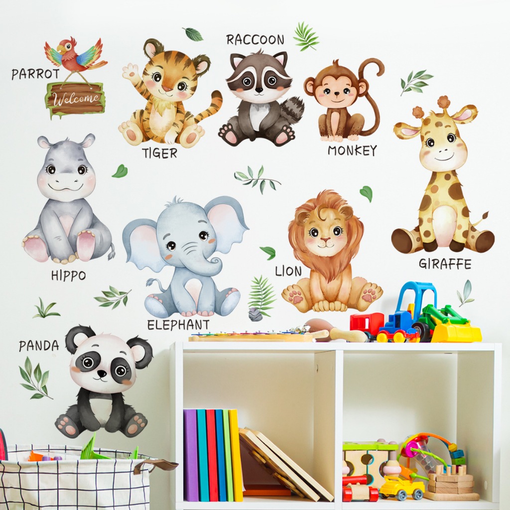 Stiker dinding hewan kartun, stiker dinding singa gajah panda, stiker dinding kamar anak, stiker din