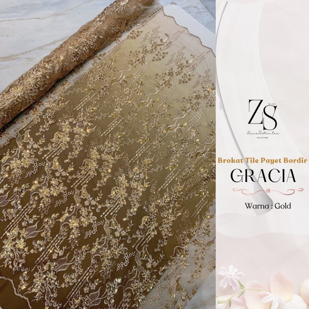 Kain Bahan Kebaya Mewah Brokat Brukat Tile Bordir Payet Gracia Warna Emas Gold
