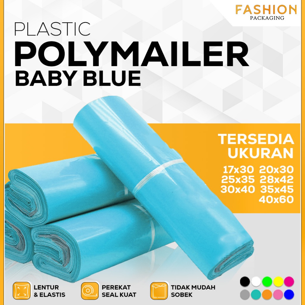 FASHION PACKAGING PLASTIK POLYMAILER BABY BLUE SUPER PREMIUM TEBAL Kantong Amplop Packing Olshop Warna Perekat Custom Polymailer