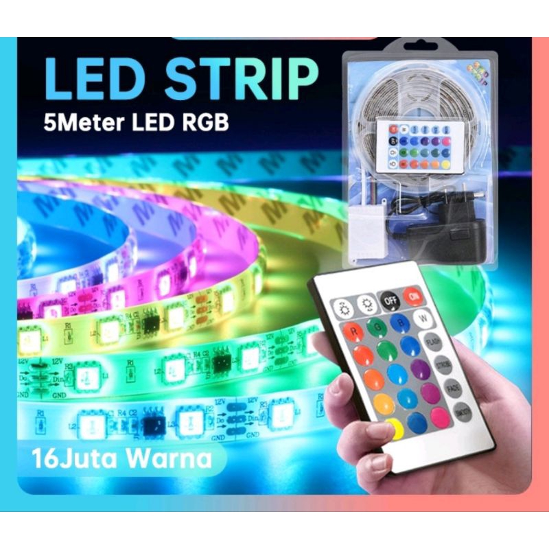 PAKET LAMPU LED STRIP RGB 2835 5050 3528 WARNA WARNI 5M 10 METER IP44 WATERPROF KOMPLIT 1 SETT ADAPT