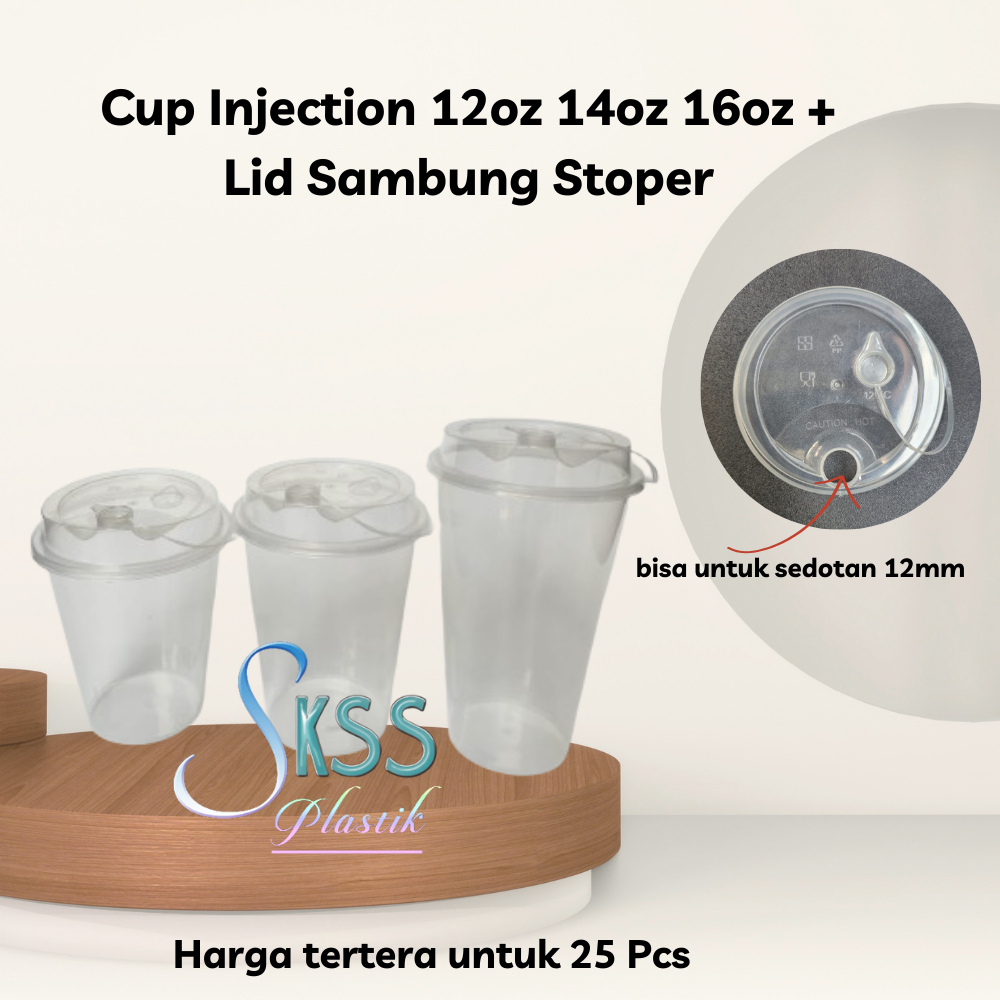 Cup PP Injection Bening 12oz 14oz 16oz + Lid Connected Stoper Isi 25 Pcs l Gelas Cup Thinwall
