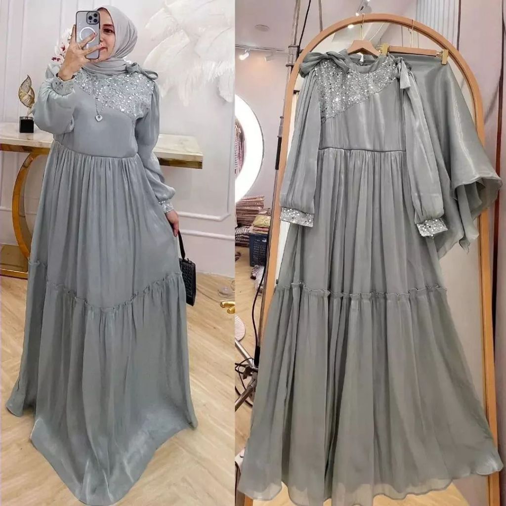 Meydina Dress Gamis Muslim Wanita Bahan Shimmer Aplikasi Tile Manik - Manik Casual Dress Wanita Kekinian GOM