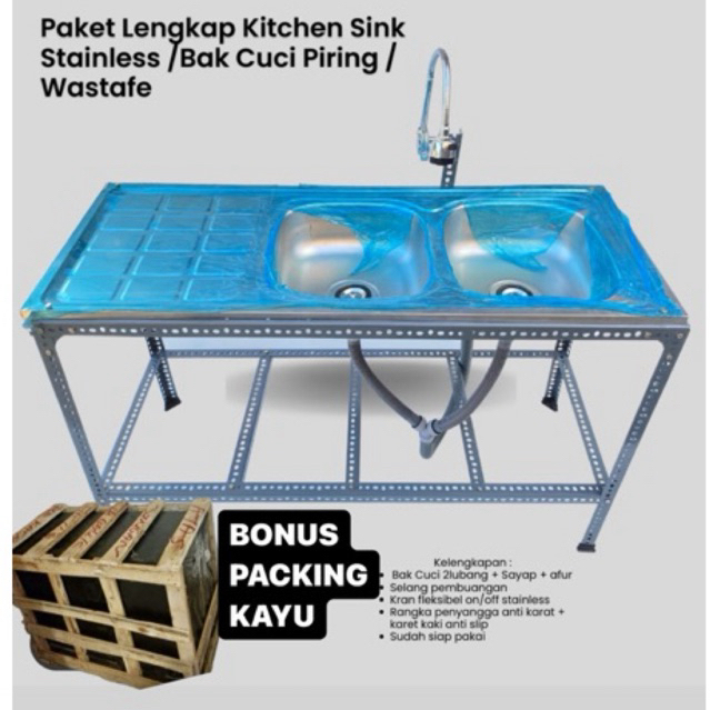 Paket Lengkap Kitchen Sink Stainless /Bak Cuci Piring/Wastafel portabel 2lubang + Sayap