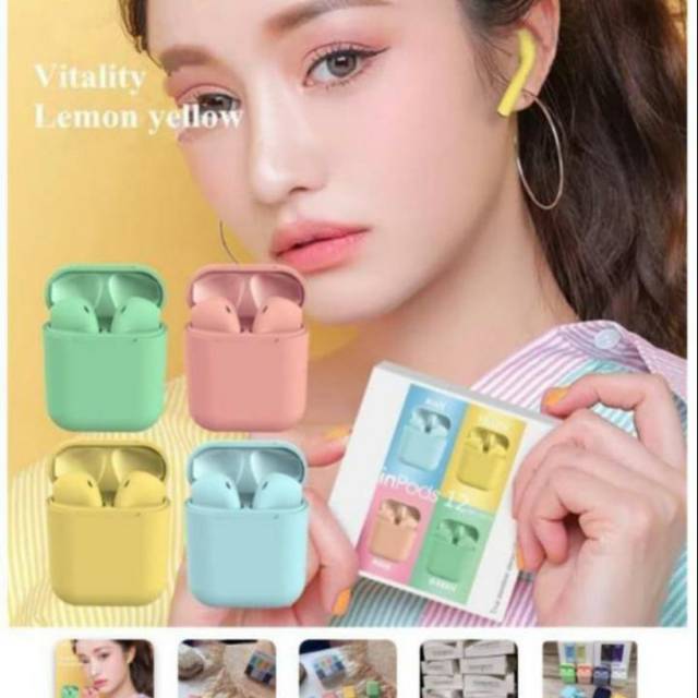 Headset Bluetooth i12 Macaron TWS Earphone Wireless Extra Bass Auto Pop Up