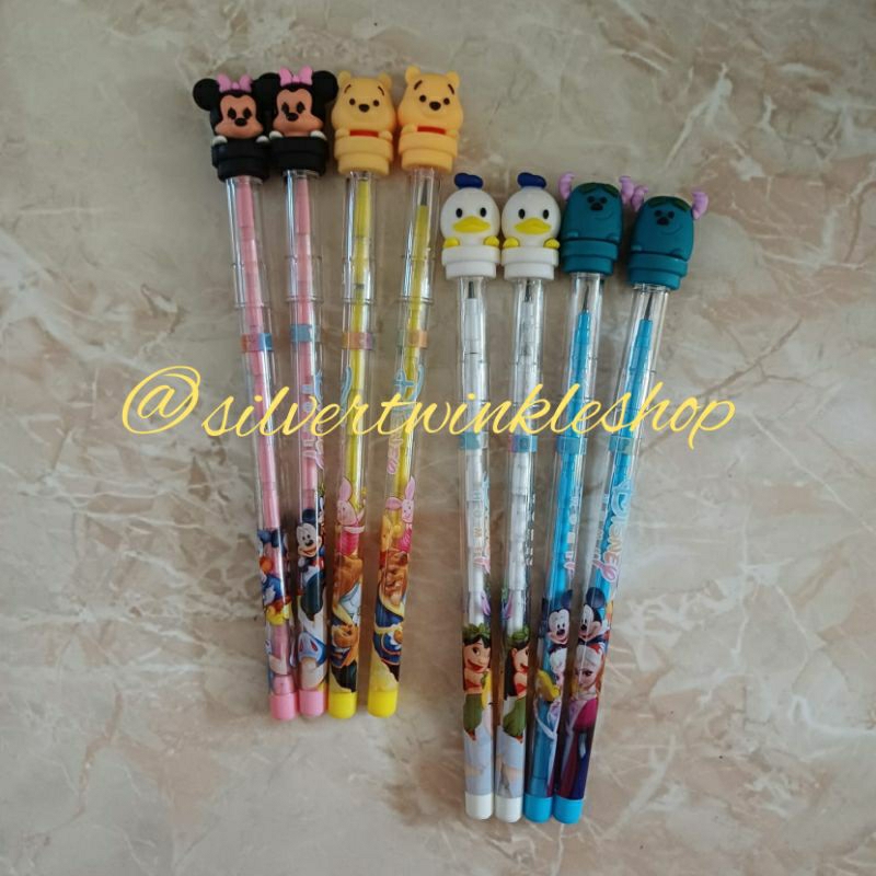 

Pensil benzia sambung susun fancy karakter winnie the pooh tsum tsum mickey minnie mouse donald duck sullivan monster inc pencil alat tulis sekolah altul stationery stationary cabut mekanik bolpen penghapus ruler penggaris eraser gunting scissors mewarna