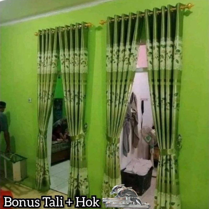Gorden Pintu Kamar Dan Jendela Rumah Ruang Tengah Motip Printing Hijau Glosy Ukuran Standar Minimali