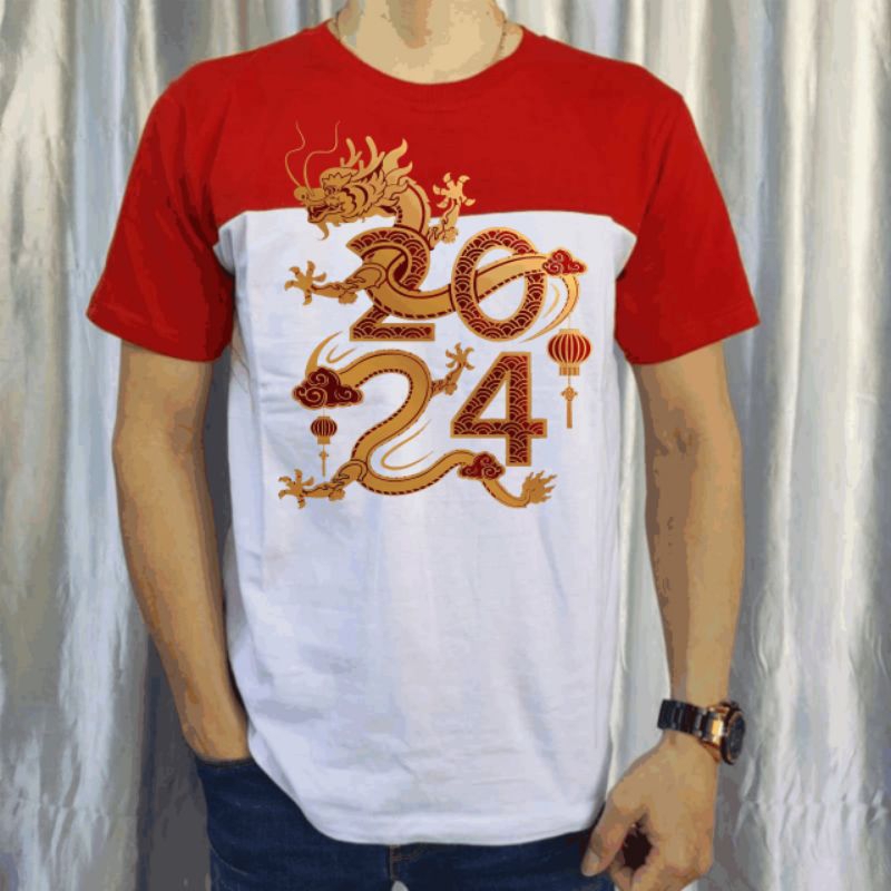 kaos imlek kaos pria unisex merah putih 2024 naga emas