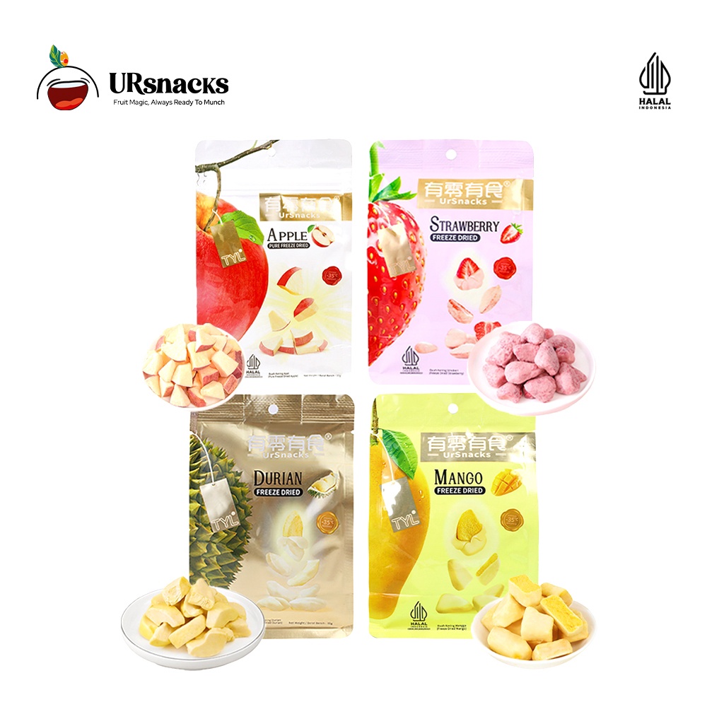 

DISKON BRANDS FESTIVAL URSNACKS Bundle Of 4 - Freeze Dried Keripik Sehat Durian + Mango + Strawberry + Apple Buah Vakum Cemilan Diet !!