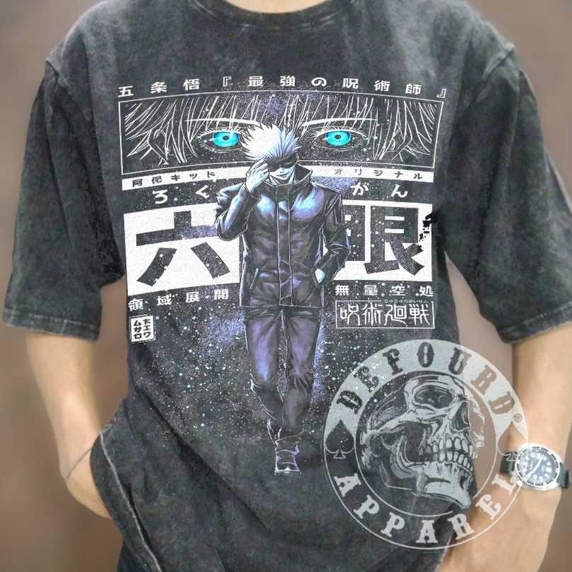 Kaos Anime Jujutsu Kaisen SATORU GOJO, Satoru Gojo Anime Vintage Wash Jujutsu Kaisen, Kaos Anime Pre