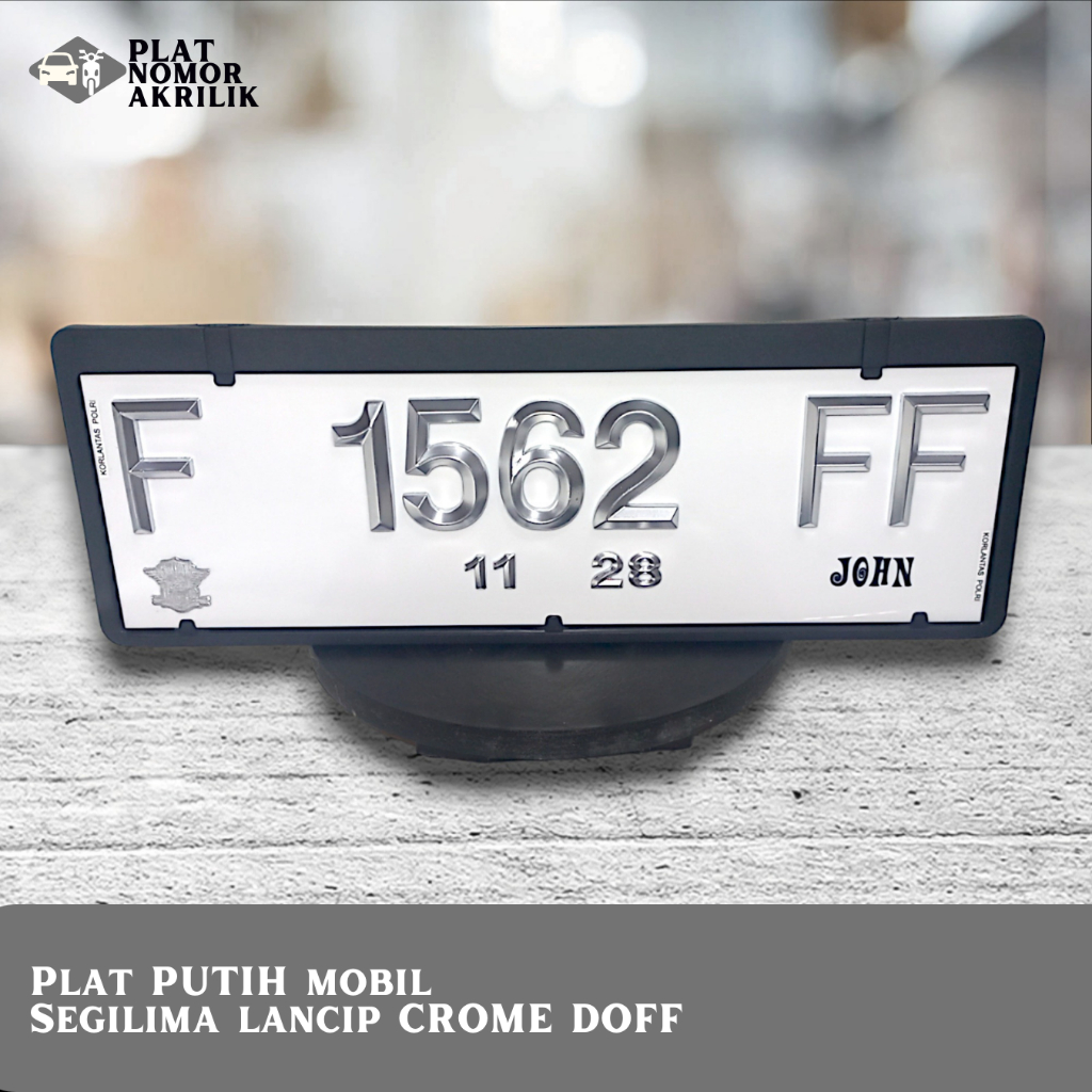 Plat Nomor Mobil Akrilik Timbul Crome Doff Putih - Lancip Segi 5 Original Terpercaya