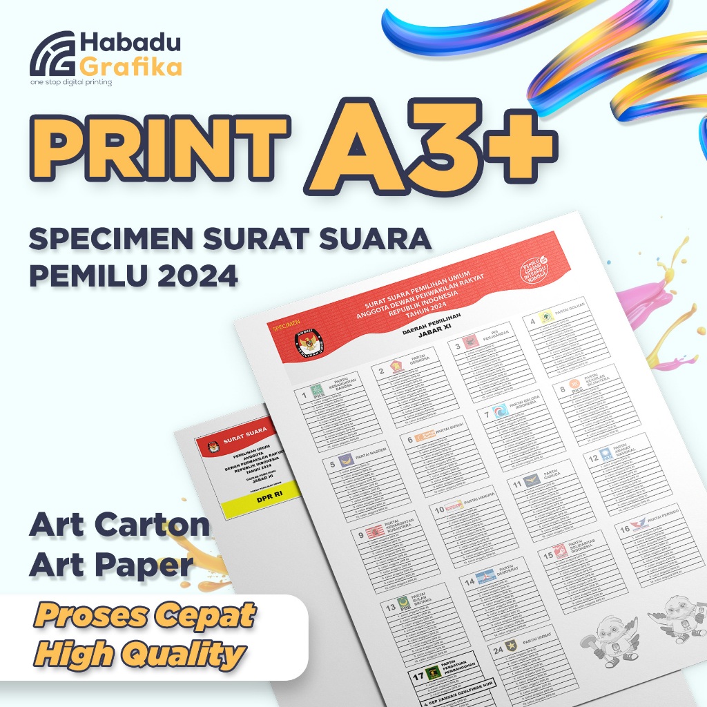 

ALAT PERAGA KAMPANYE, SPESIMEN SURAT SUARA PEMILU 2024 UKURAN A3 / SPECIMEN SURAT SUARA PEMILU 2024