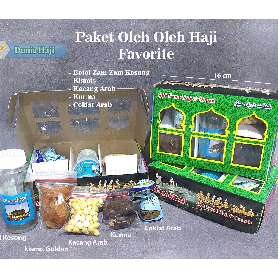 

TIPE CAY067 Paket Haji Favorite E Souvenir Murah ( Botol Zam Zam Kosong - Kacang Arab - Kismis - Coklat Arab - Kurma) Souvenir Oleh Oleh Haji dan Umroh /pcs