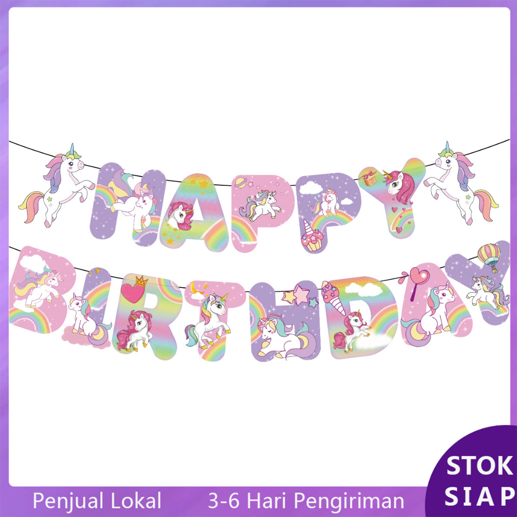 Bendera Selamat Ulang Tahun Unicorn Set Balon Dekorasi Pesta Ulang Tahun Anak Perempuan