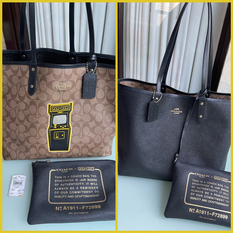 Coach Reversible Signature Khaki Black PAC-MAN Limited Edition with Pouch - 100% Authentic Preloved Tote Bag Large bolak-balik