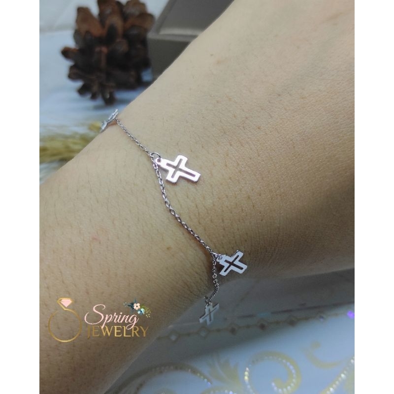 Gelang Perak Wanita Salib Silver 925 Asli Lapis Emas Putih