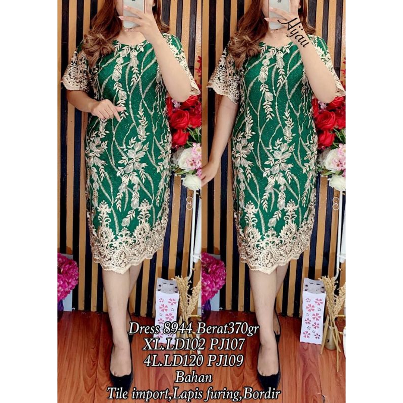Dress brokat tile bordir hijau cantik XL
