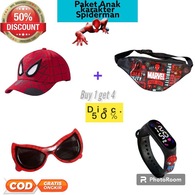 Tas Pinggang Anak Cowok Karakter Tas Salempang anak Spiderman Tas bahun Anak Laki-laki 4in1 Topi Ana