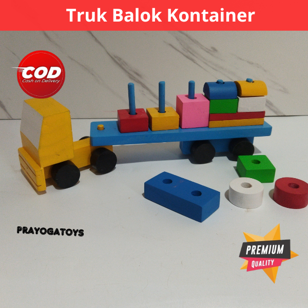Mainan Edukasi Anak Kendaraan Mobil Mobilan Truk Balok Susun Geometri Wooden Block Truck Bahan Kayu
