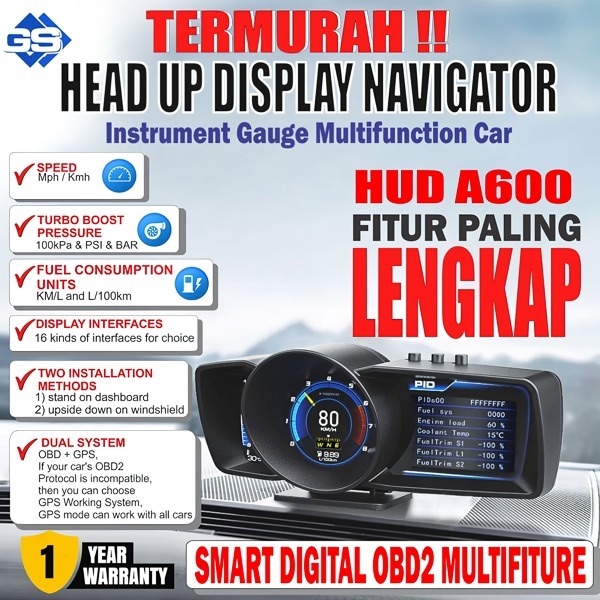 Pengukur Otomatis A600 HUD GPS + Sistem OBD, Speedometer Digital OBD