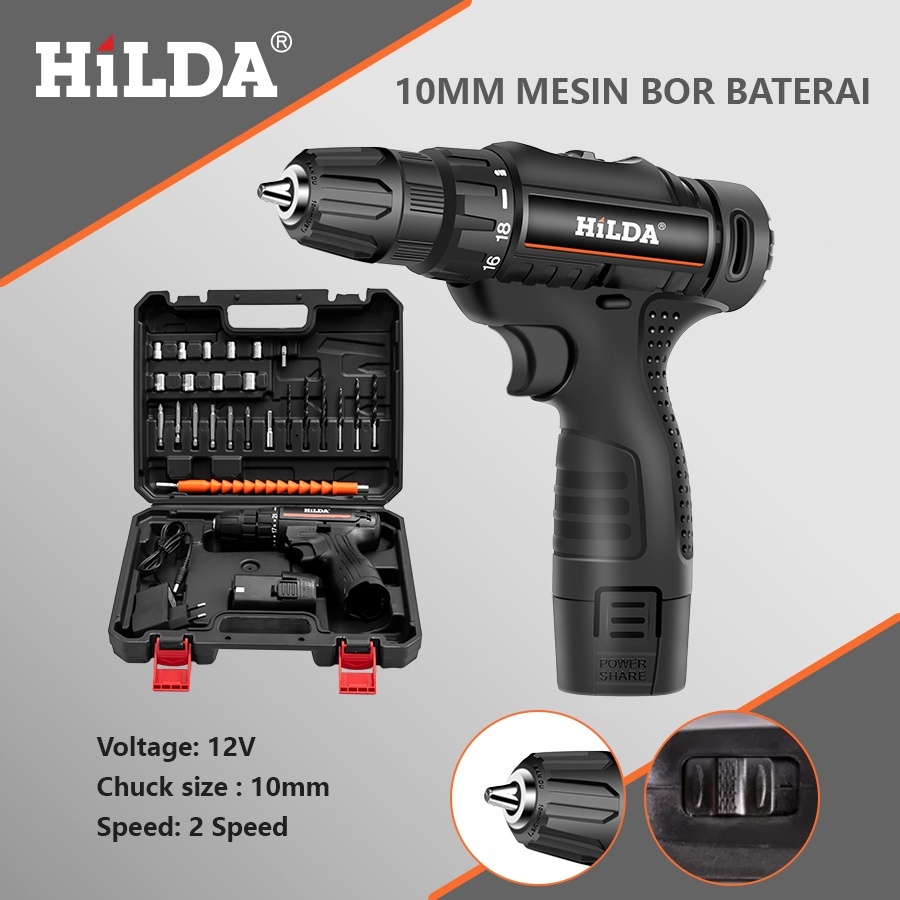HILDA Mesin Bor Baterai Tangan Cordless Drill 12V Bor Listrik set/Pengeboran Pengisian Multifungsi P