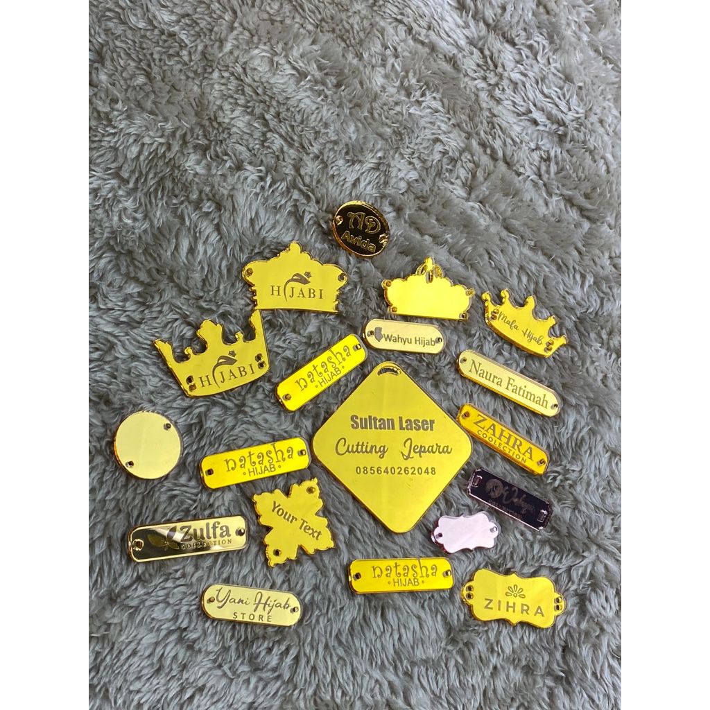 

Label Akrilik Hijab Kaos Disto Brand Souvenir Custom Gold Rose Gold Silver Clear Acylic 100 pcs