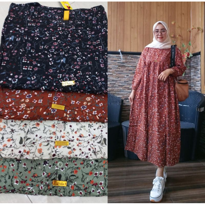 Midi dress motif Bunga, midi dress bahan rayon twill, midi dress kekinian anak muda motif bunga