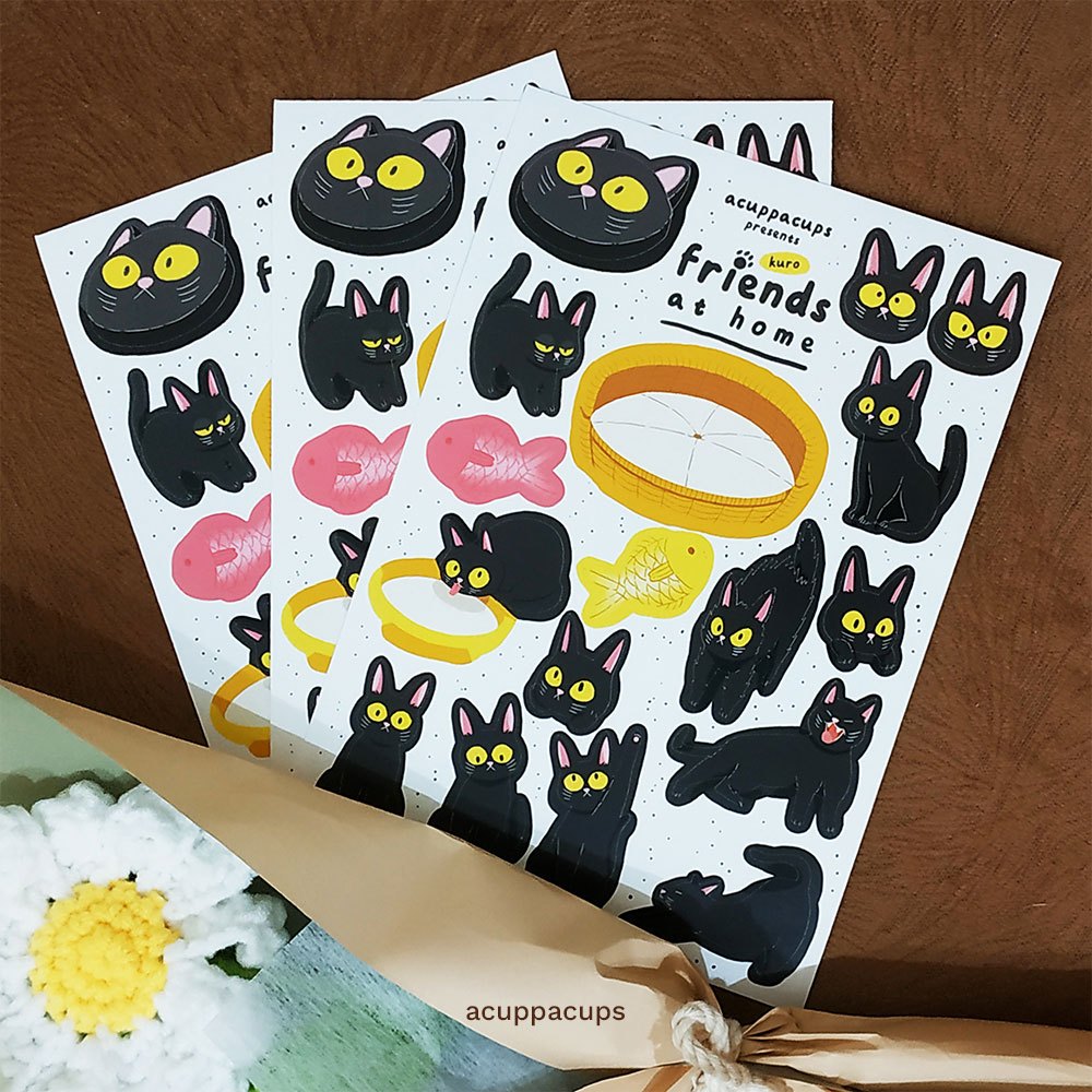 

Friends at Home Series Kuro Black Cat Animal Sticker Sheets | acuppacups