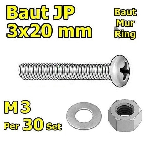 x30 Set Baut Mur Ring M3 x 20mm M3x20 M3x20mm JP3 3mm 3x20 3x20mm 3 x 20mm Baut Obeng Set Bahan Galv