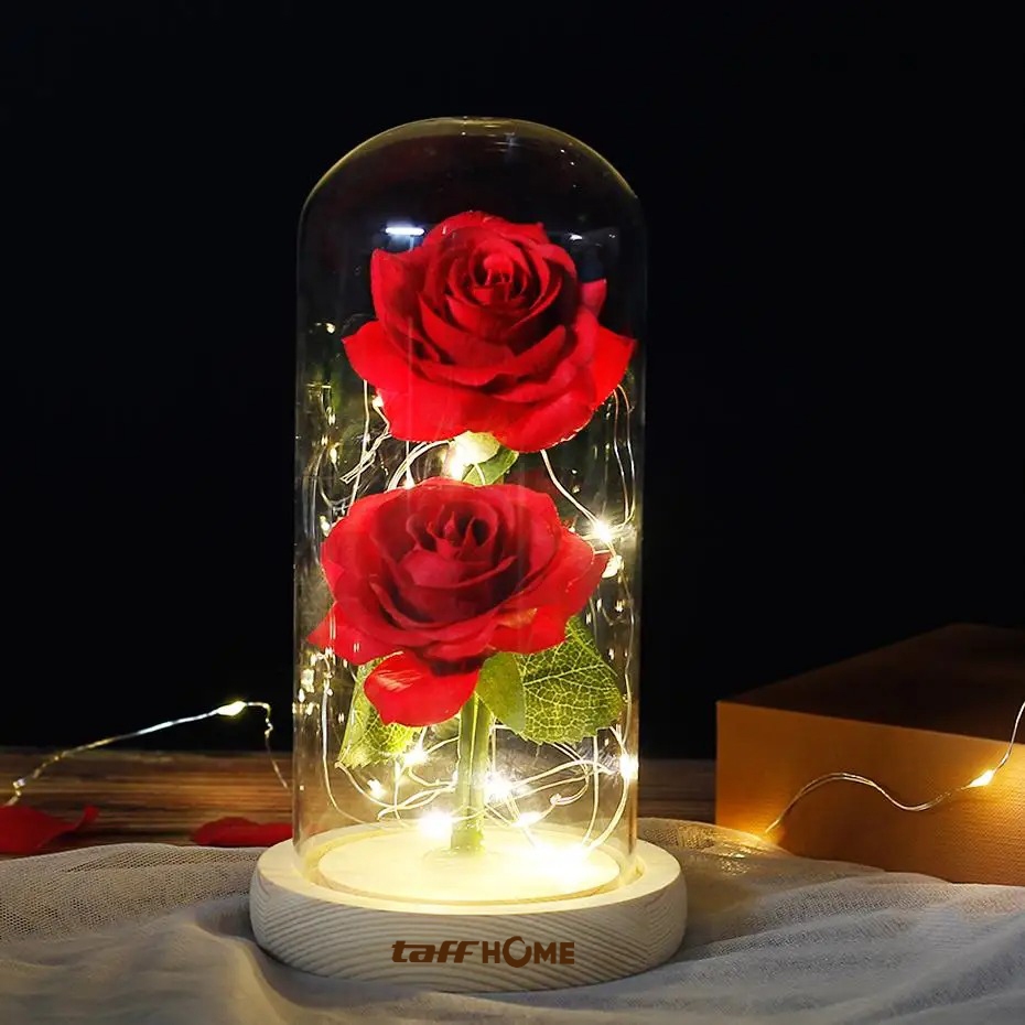 Lampu Meja Hias LED 2 bunga Mawar Beauty and The Beast Warm White - FV485 - kado bucket bunga lampu 