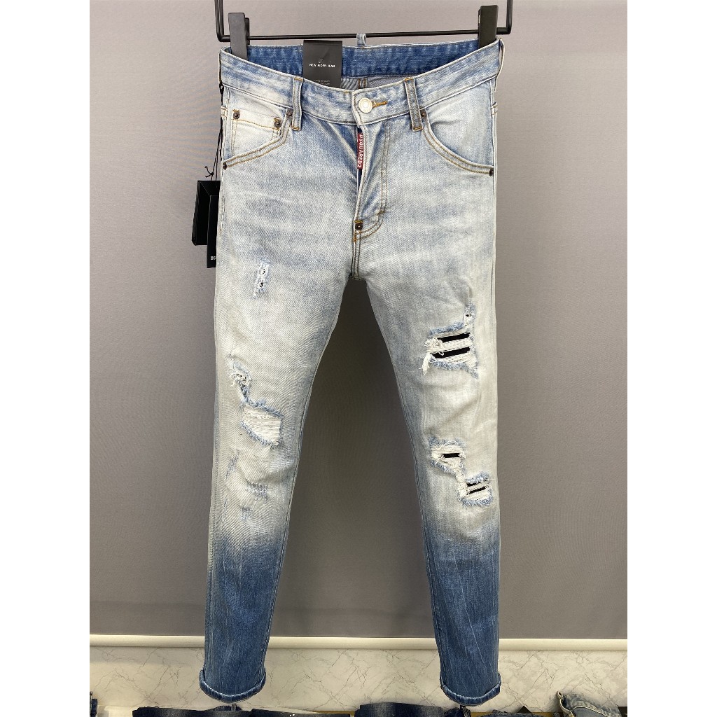 Foto asli jeans pria DSQUARED2, efek pudar retro berwarna terang, celana denim robek slim untuk anak