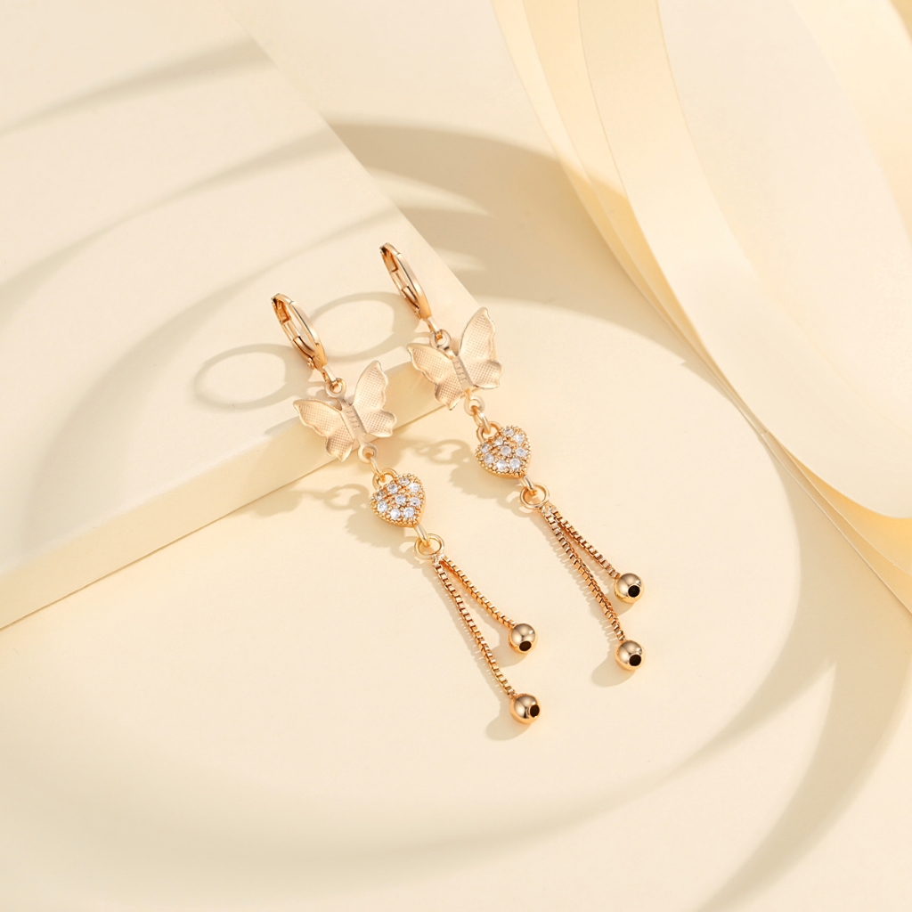 Lanmi Jewelry Anting Korea Wanita Panjang Anting Cantik Kupu Kupu Zircon Lapis Emas Anting Panjang P