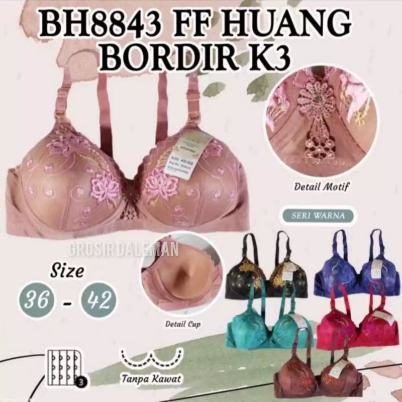 BH BRA PEREMPUAN WANITA DEWASA FF HUANG KANCING 3 MOTIF BORDIR / BH BUSA TANPA KAWAT