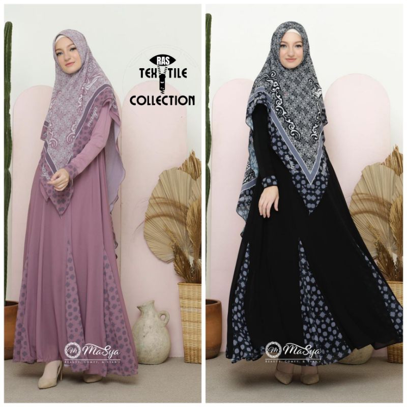 Set Gamis Dress Ceruty Babydoll Syari Branded Prinitng Black - Hitam - Purple Mewah Masya Syari Orig
