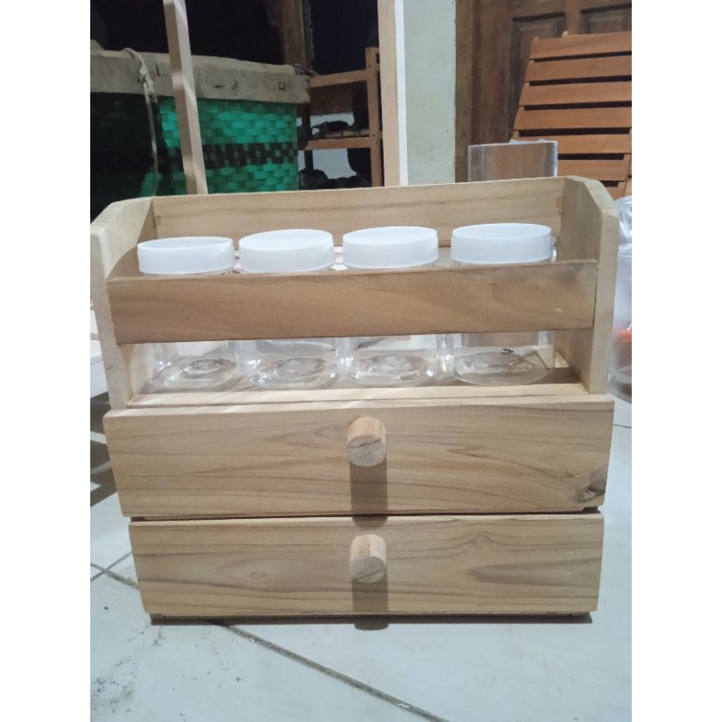 RAK LACI BUMBU DAPUR kAYU JATI TINGKAT 2 DAN TEMPAT TOPLES.