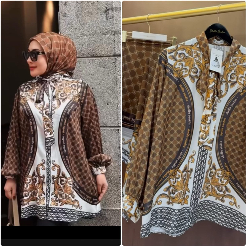 kemeja Blouse pita Silk printing Shellasaukia